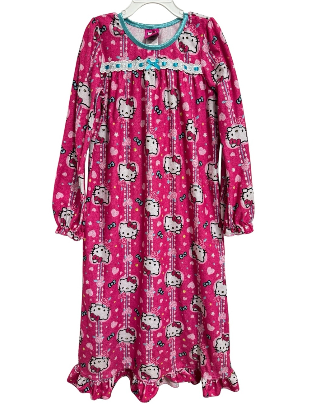 Hello Kitty Hot Pink Long Sleeve Nightgown with Teal Trim